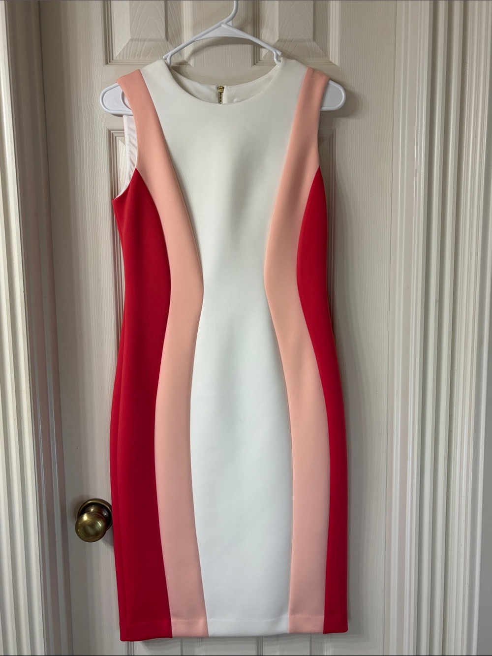 Calvin Klein White & Pink Colorblock Midi Sheath Dress